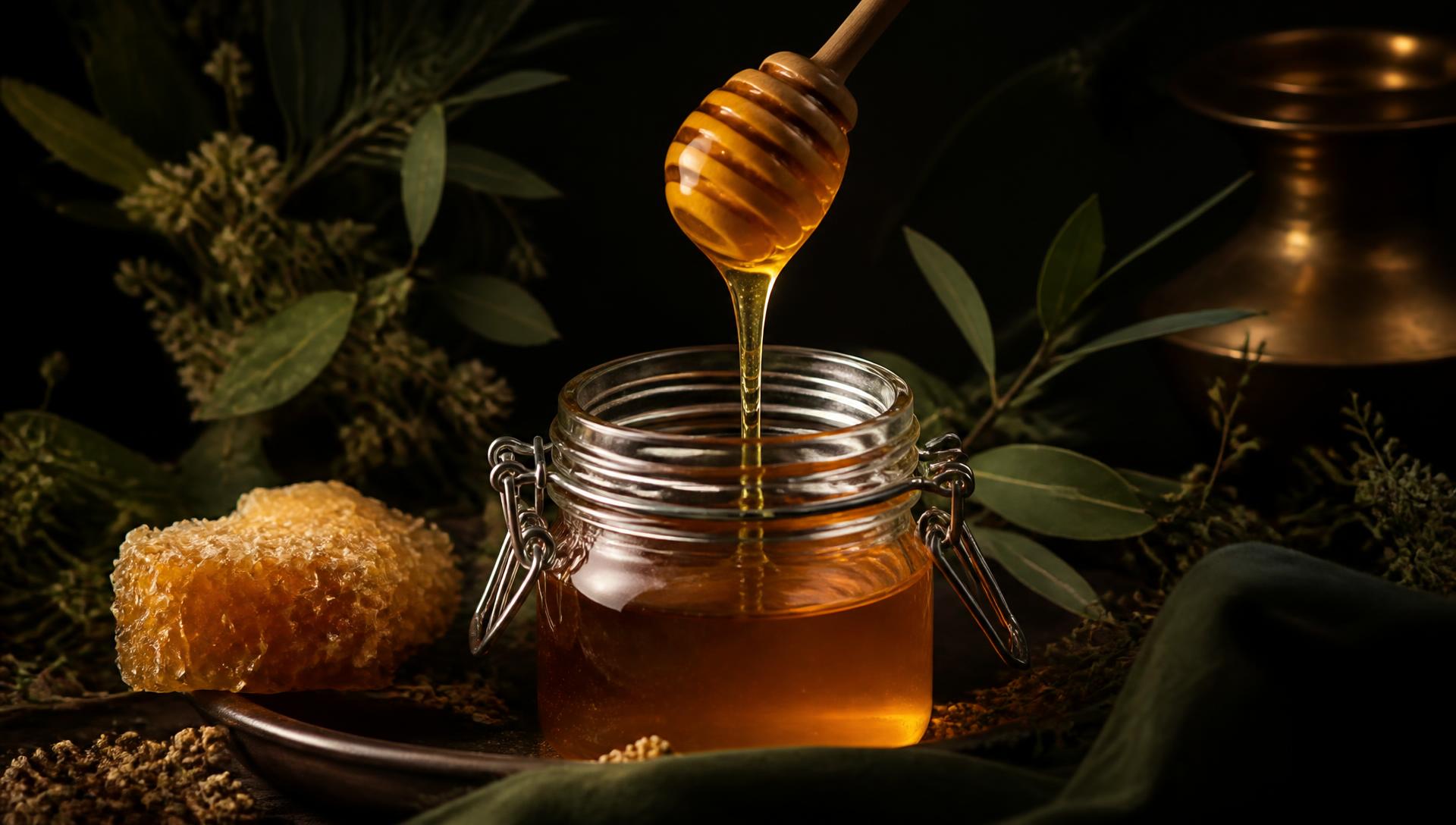 Honey being poured into a glass jar